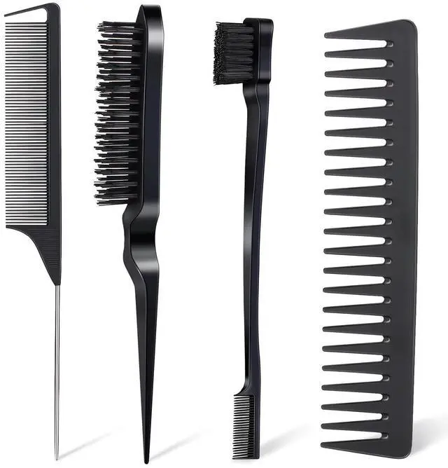 Main image of 4Pcs Hair Brush Styling Combs Set, Anmieciu Bristle Hair Edge Brush, Teasing Brush Comb, Rat Tail Co