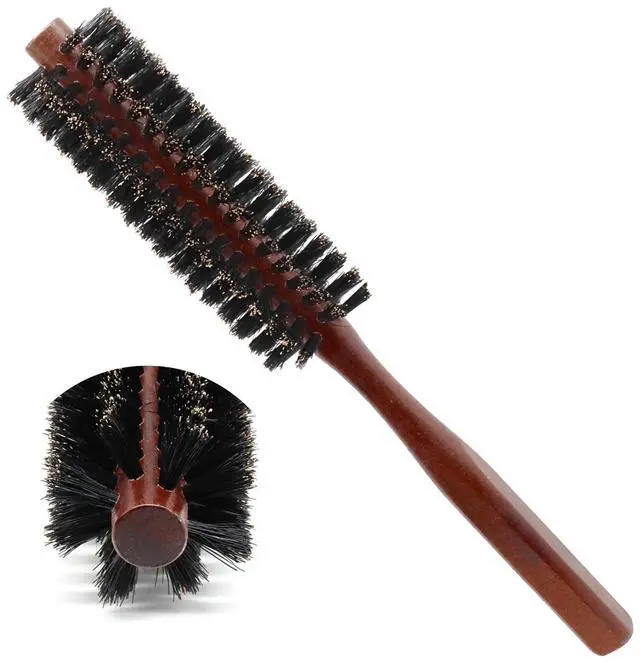 Main image of Small Round Brush Red, Boar Bristle Roller with Wood Handle | Scalp Oil Distribution For Shine, Comp