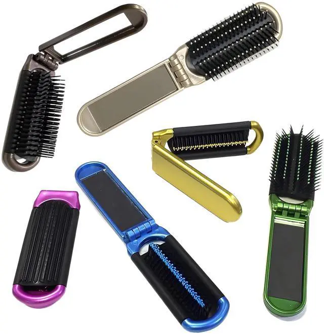 Main image of 4Pack Travel Folding Hair Brush with Mirror Compact Pocket-Sized Styling Brush, Durable Plastic &