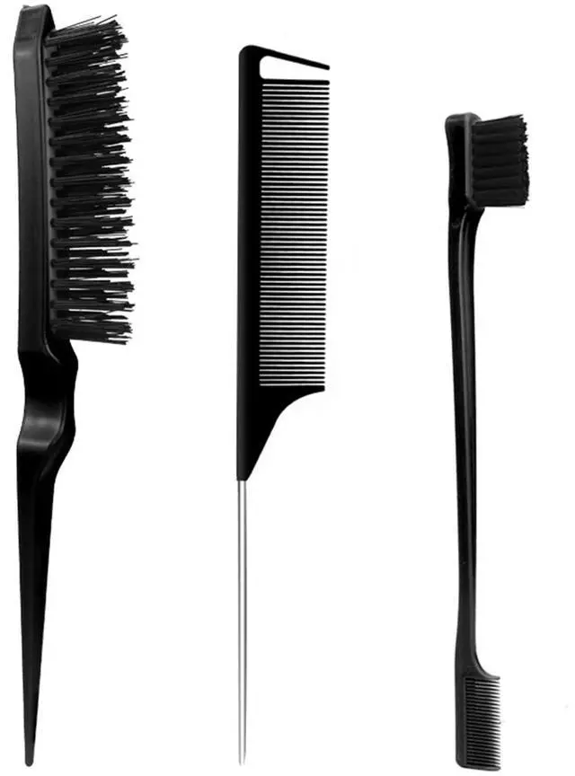 Main image of 3-Piece Hair Styling Comb Set: Teasing Brush, Rat Tail Comb, Edge Brush for Women's Styling