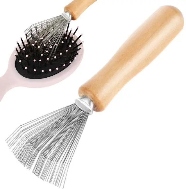 Main image of Hair Brush Cleaner Tool, Comb Cleaning Brush Rake Design Brush Cleaner Wooden Handle Hair Remover Mi