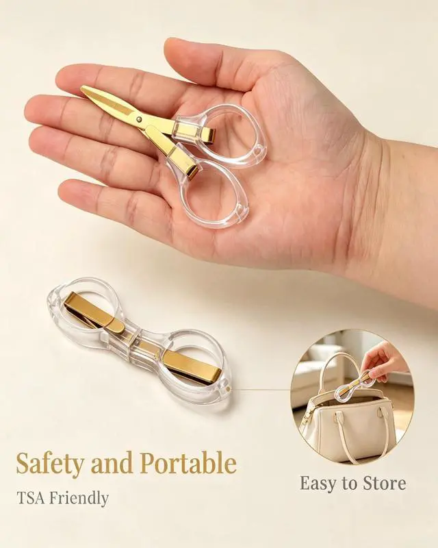 Alt view image 4 of 7 - 1Pcs Folding Travel Scissors Set, Mini Portable Travel Scissor | Clear Comfort-Grip Handles, Gold Ti