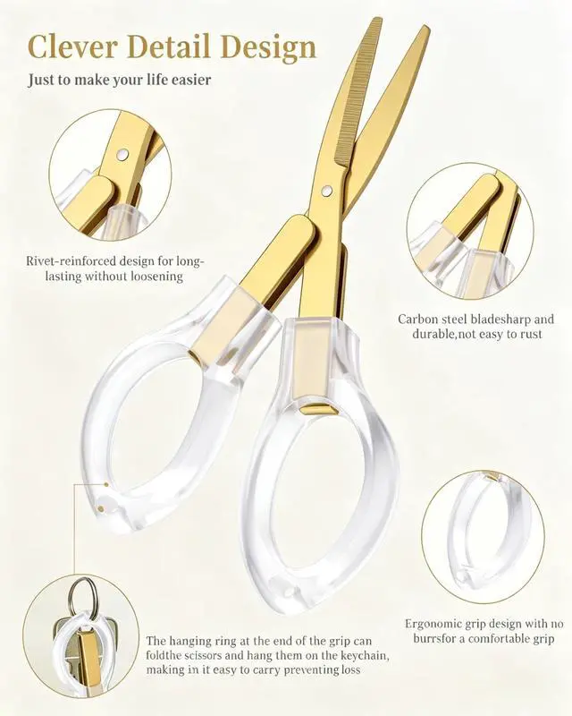 Alt view image 5 of 7 - 1Pcs Folding Travel Scissors Set, Mini Portable Travel Scissor | Clear Comfort-Grip Handles, Gold Ti