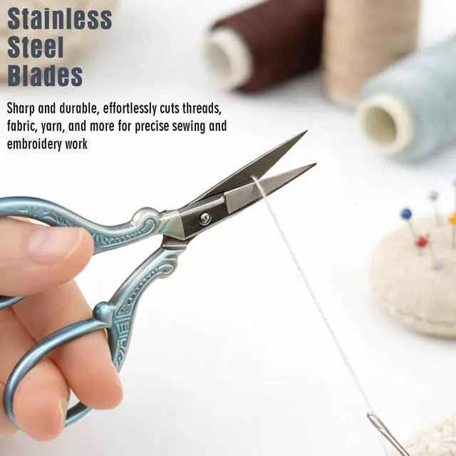 Alt view image 2 of 7 - 3.85" Blue Embroidery Scissors with Leather Cover Stainless Steel Small Sewing Shears for Craft, N
