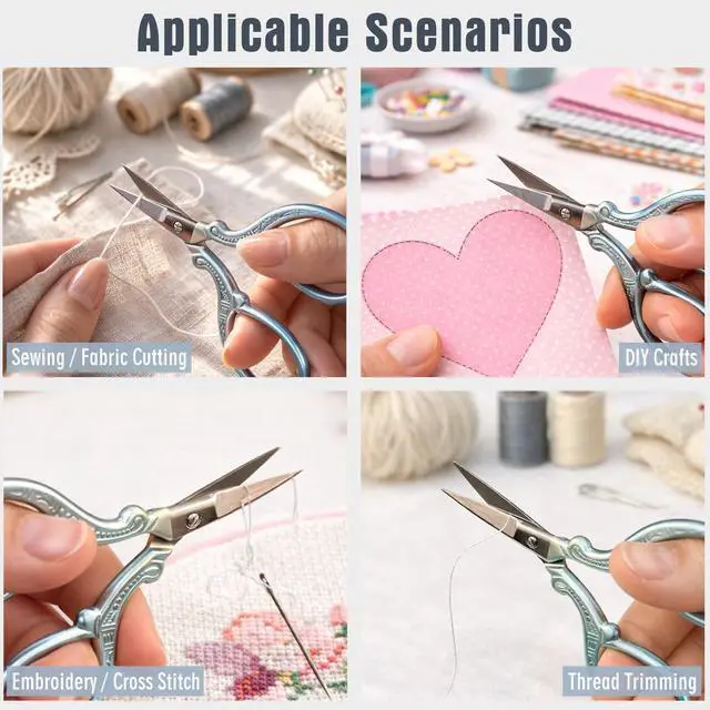 Alt view image 5 of 7 - 3.85" Blue Embroidery Scissors with Leather Cover Stainless Steel Small Sewing Shears for Craft, N