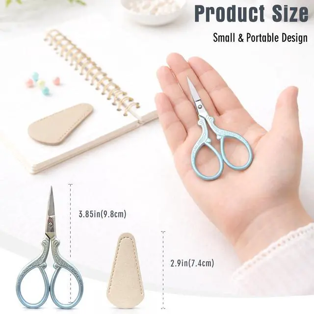 Alt view image 6 of 7 - 3.85" Blue Embroidery Scissors with Leather Cover Stainless Steel Small Sewing Shears for Craft, N