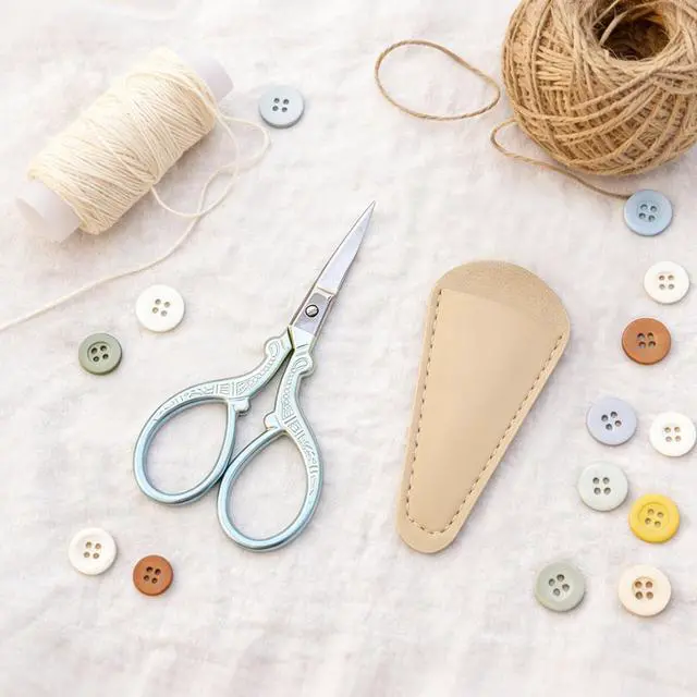 Alt view image 7 of 7 - 3.85" Blue Embroidery Scissors with Leather Cover Stainless Steel Small Sewing Shears for Craft, N
