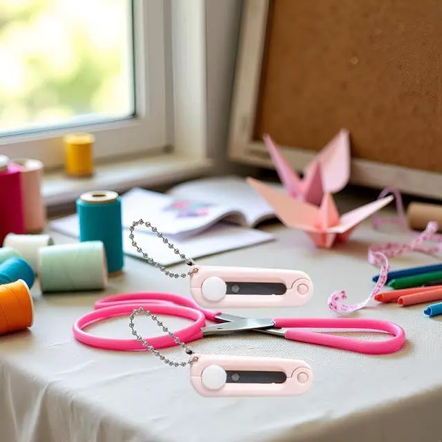 Alt view image 3 of 6 - 2Pcs Pink Keychain Scissors,Folding Scissors,Safe Portable Travel,Foldable Telescopic Cutter Pocket,