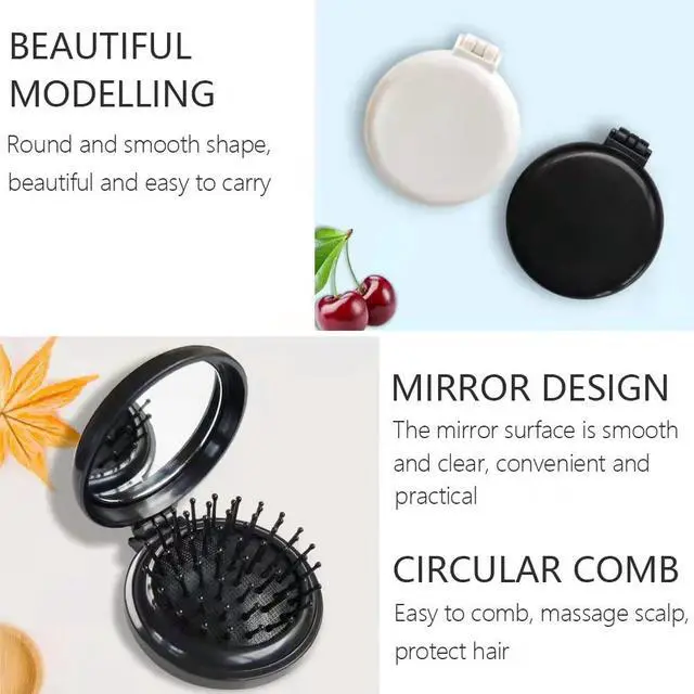 Alt view image 3 of 6 - Hair Brush with Mirror for Purse/Pocket,Round Mini Compact Massage Comb for Girls and Women (Black+W