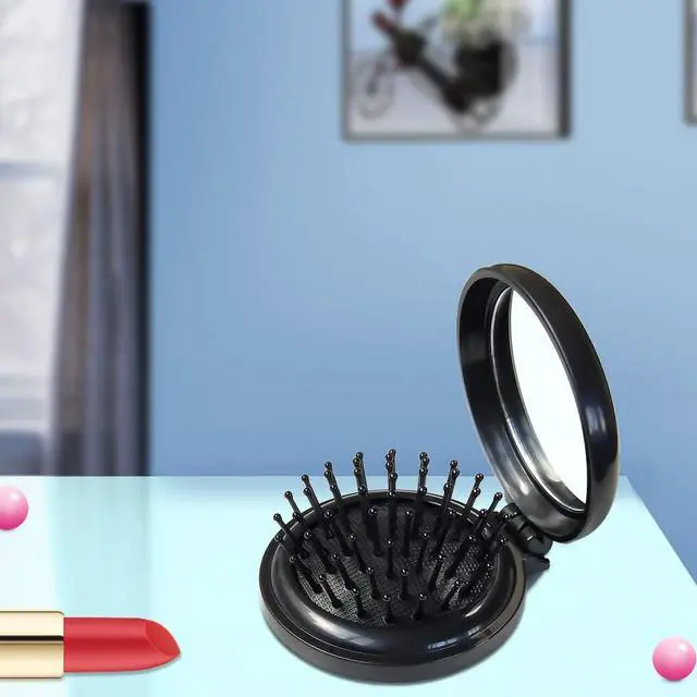 Alt view image 6 of 6 - Hair Brush with Mirror for Purse/Pocket,Round Mini Compact Massage Comb for Girls and Women (Black+W