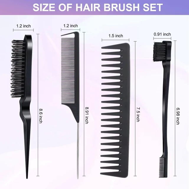 Alt view image 2 of 7 - 4Pcs Hair Brush Styling Combs Set, Anmieciu Bristle Hair Edge Brush, Teasing Brush Comb, Rat Tail Co