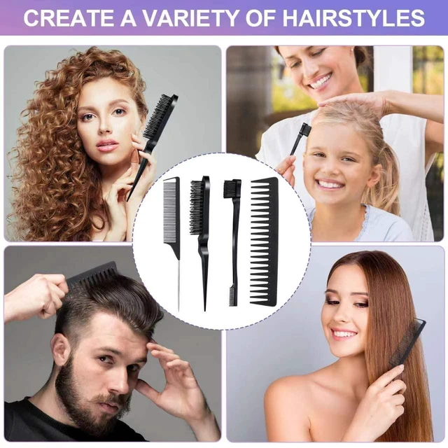 Alt view image 7 of 7 - 4Pcs Hair Brush Styling Combs Set, Anmieciu Bristle Hair Edge Brush, Teasing Brush Comb, Rat Tail Co