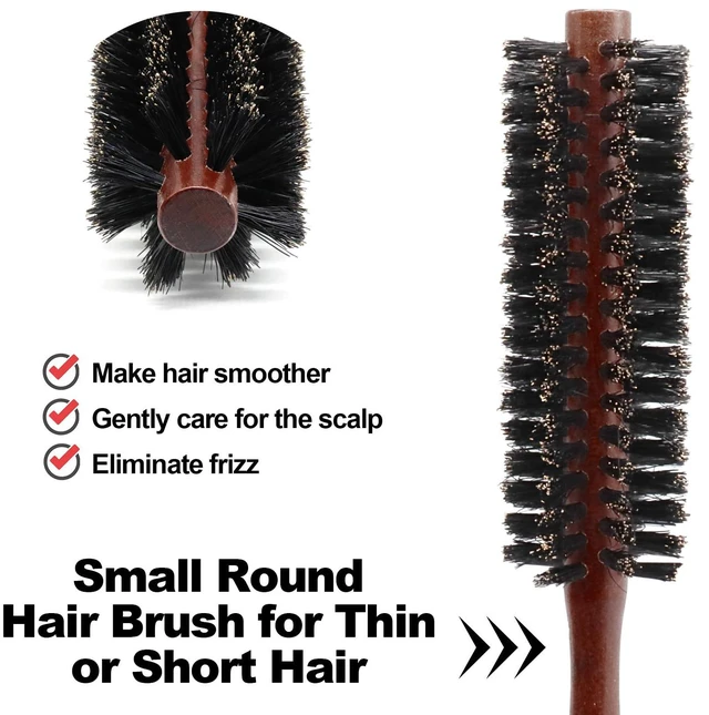 Alt view image 2 of 7 - Small Round Brush Red, Boar Bristle Roller with Wood Handle | Scalp Oil Distribution For Shine, Compact Barrel Roots Bangs Short Hair, Frizz Control Heat-Safe, Ergonomic Grip