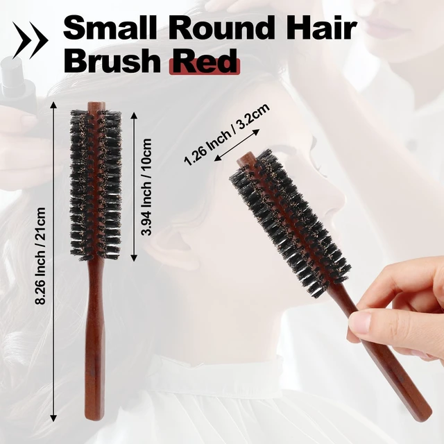 Alt view image 4 of 7 - Small Round Brush Red, Boar Bristle Roller with Wood Handle | Scalp Oil Distribution For Shine, Compact Barrel Roots Bangs Short Hair, Frizz Control Heat-Safe, Ergonomic Grip