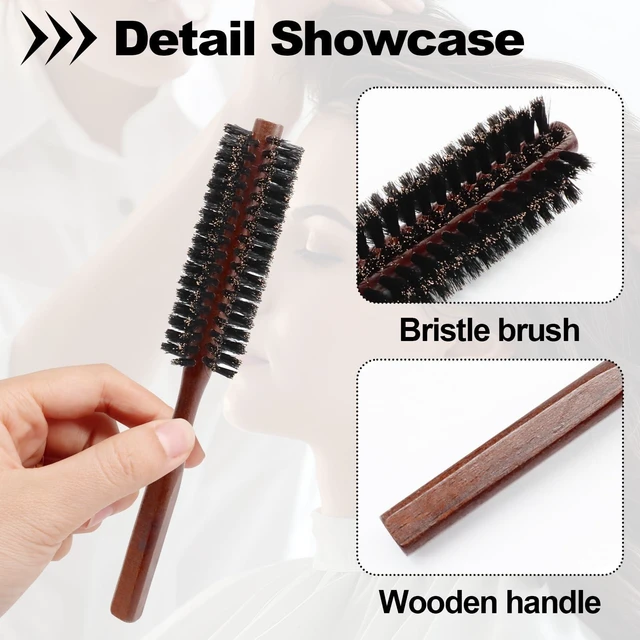 Alt view image 3 of 7 - Small Round Brush Red, Boar Bristle Roller with Wood Handle | Scalp Oil Distribution For Shine, Compact Barrel Roots Bangs Short Hair, Frizz Control Heat-Safe, Ergonomic Grip