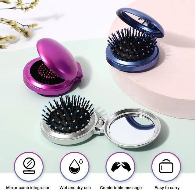 Alt view image 3 of 6 - 1st Choice Folding Hair Brush with Mirror,Round Mini Compact Massage Comb for Purse/Pocket,Travel Si