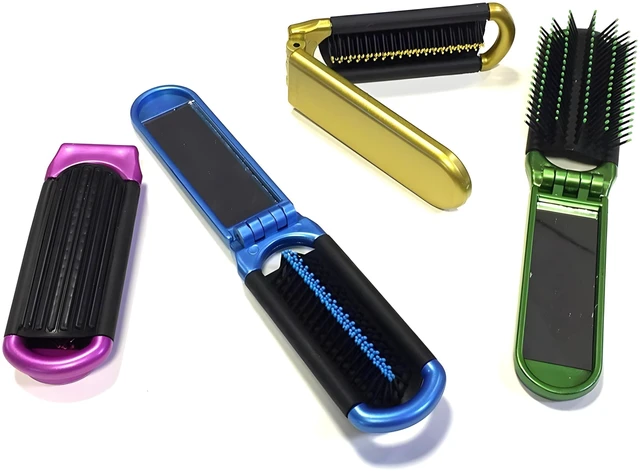 Alt view image 2 of 2 - 4Pack Travel Folding Hair Brush with Mirror Compact Pocket-Sized Styling Brush, Durable Plastic &