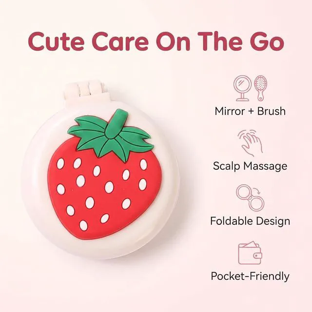 Alt view image 4 of 7 - 1Pc Travel Hair Brush with Mini Mirror - Portable Folding Round Massage Brush for Girls and Women, Strawberry Hair Care Styling Tools
