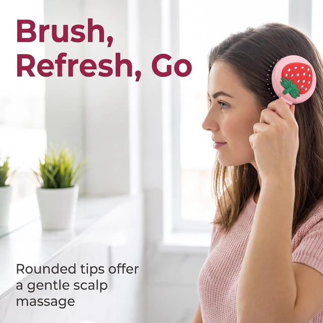 Alt view image 5 of 7 - 1Pc Travel Hair Brush with Mini Mirror - Portable Folding Round Massage Brush for Girls and Women, Strawberry Hair Care Styling Tools
