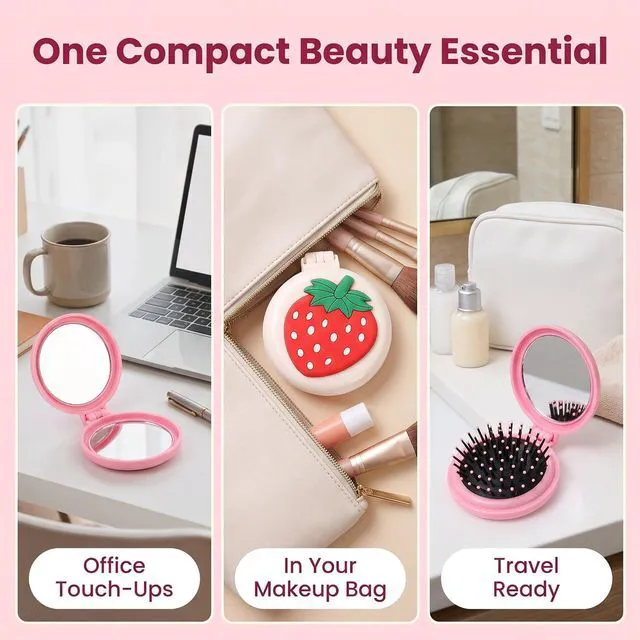Alt view image 6 of 7 - 1Pc Travel Hair Brush with Mini Mirror - Portable Folding Round Massage Brush for Girls and Women, Strawberry Hair Care Styling Tools