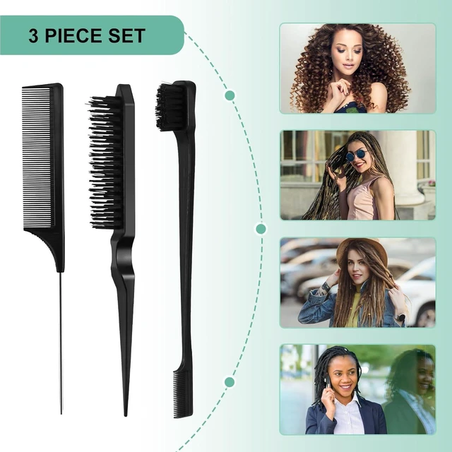 Alt view image 2 of 7 - Set, Black comb,3 Pcs. slick back hair brush,Slick Back Brush with Edge Brush, styling comb for kids