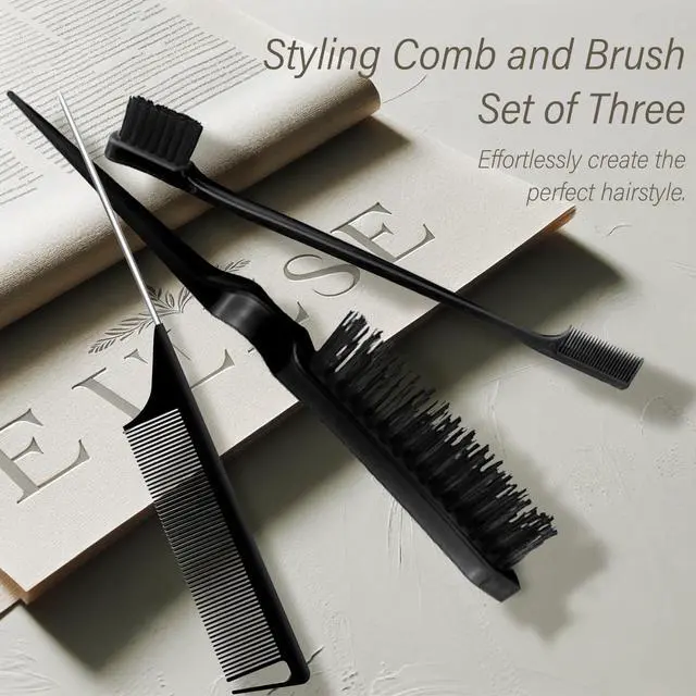 Alt view image 2 of 7 - 3-Piece Hair Styling Comb Set: Teasing Brush, Rat Tail Comb, Edge Brush for Women's Styling