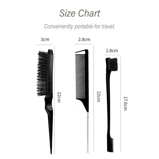 Alt view image 7 of 7 - 3-Piece Hair Styling Comb Set: Teasing Brush, Rat Tail Comb, Edge Brush for Women's Styling