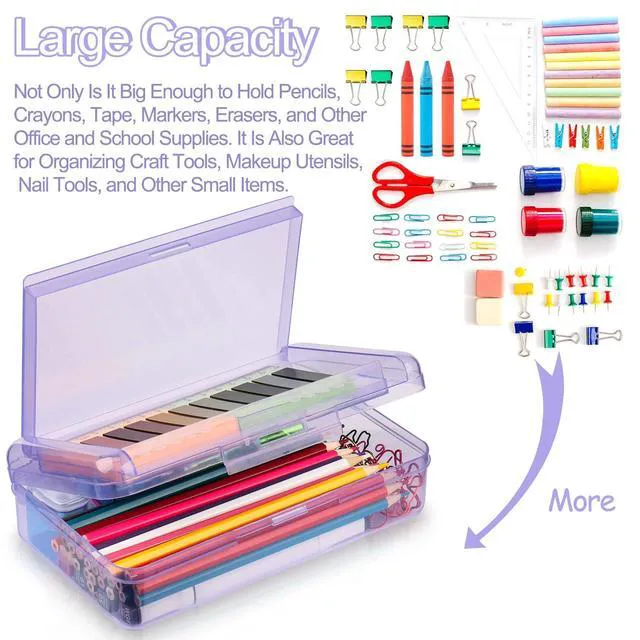 Alt view image 3 of 6 - Pencil Box, Large Capacity Pencil Boxes 2 Compartments, Hard Pencil Case with Snap-tight Lid, Plastic Storage Organizer Box(Blue,Clear,Purple, 3 Pack)