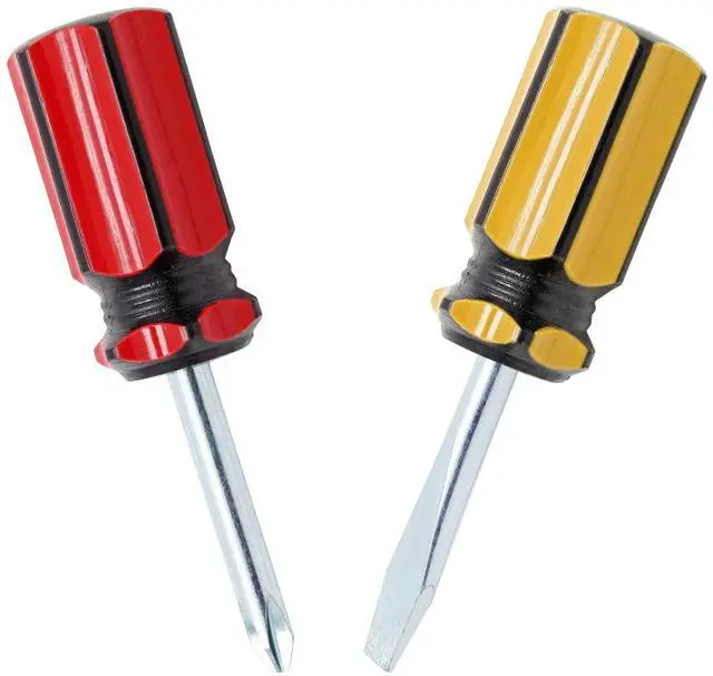 Main image of 2PCS Short Phillips & Flathead Screwdrivers Set, Stubby Magnetic | Small Pocket Size, Mini Slotted, For Door Handles Furniture DIY