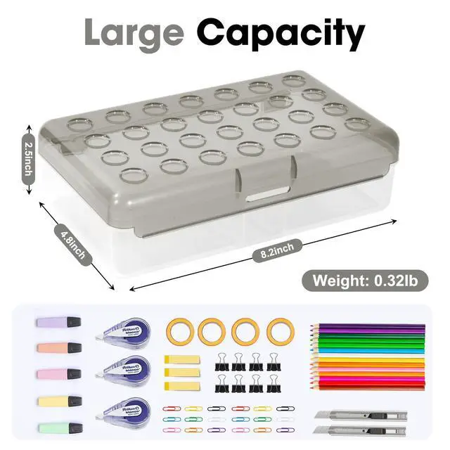 Alt view image 2 of 7 - Plastic Pencil Box, Large Pencil Case, Clear Pencil Boxes | with Snap-tight Lid, Hard Crayon Box Storage Marker Organizer Containers for Boys Girls Adults School Office Supplies (Grey)