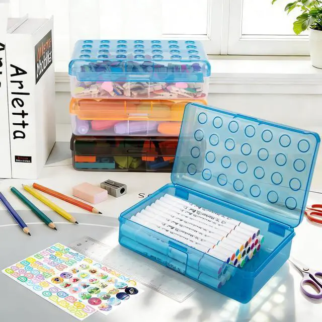 Alt view image 2 of 7 - Plastic Cute Clear Hard Polka Dot Colored Pencil Box Case | Personalized Pen Case Box Marker Crayon Box Stackable Storage Box Art Craft Organizer Box For Kids Boys Girls Back To School