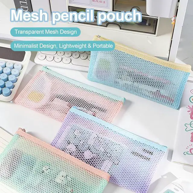 Alt view image 2 of 6 - 2-Pack Mesh Pencil Case,7.87 x 4.33 Inches, Multi-Purpose Transparent Pencil Case for Office and Travel (Blue + Pink) 1.0