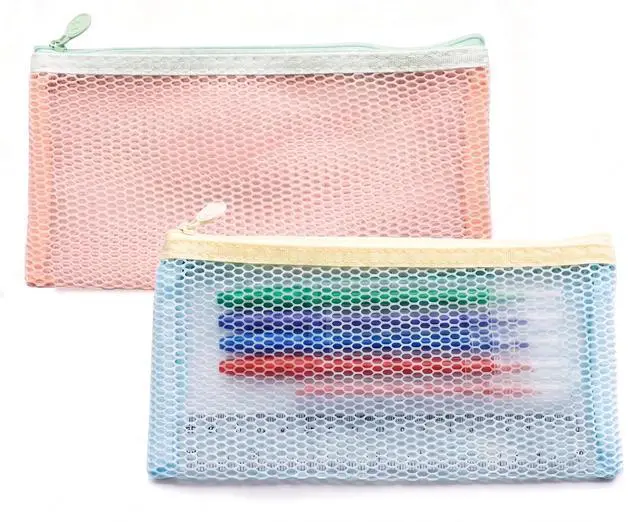 Main image of 2-Pack Mesh Pencil Case,7.87 x 4.33 Inches, Multi-Purpose Transparent Pencil Case for Office and Travel (Blue + Pink) 1.0