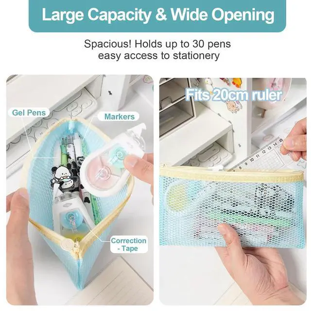 Alt view image 5 of 6 - 2-Pack Mesh Pencil Case,7.87 x 4.33 Inches, Multi-Purpose Transparent Pencil Case for Office and Travel (Blue + Pink) 1.0