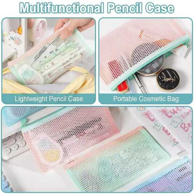 Alt view image 6 of 6 - 2-Pack Mesh Pencil Case,7.87 x 4.33 Inches, Multi-Purpose Transparent Pencil Case for Office and Travel (Blue + Pink) 1.0