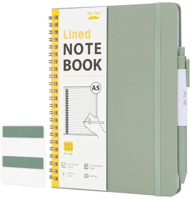 Main image of Lined Spiral Journal Notebook, A5 (5.7"x7.9"), 160 Pages, Green | Hardcover Spiral Bound College Ruled Notebooks with Pen and Index Sticky Tabs for Notes, Journaling, School & Daily Planning