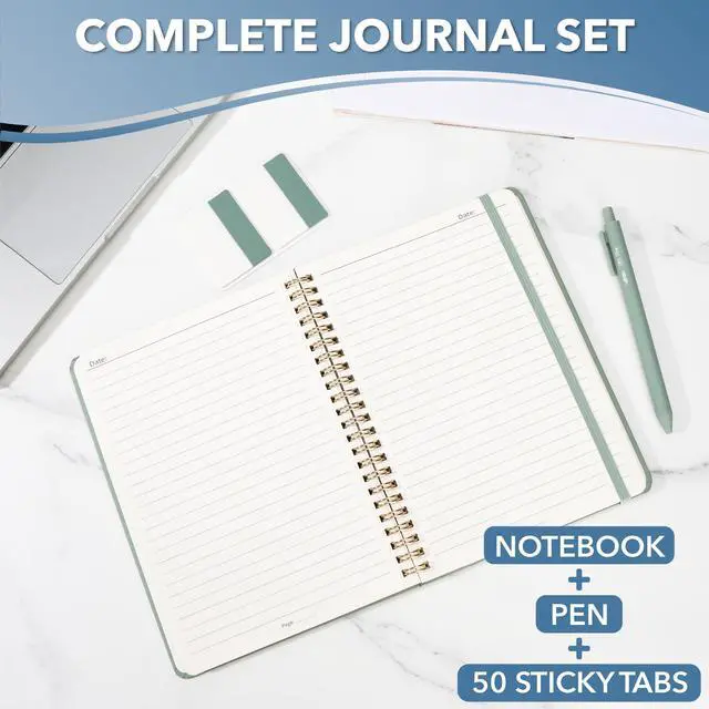 Alt view image 3 of 7 - Lined Spiral Journal Notebook, A5 (5.7"x7.9"), 160 Pages, Green | Hardcover Spiral Bound College Ruled Notebooks with Pen and Index Sticky Tabs for Notes, Journaling, School & Daily Planning
