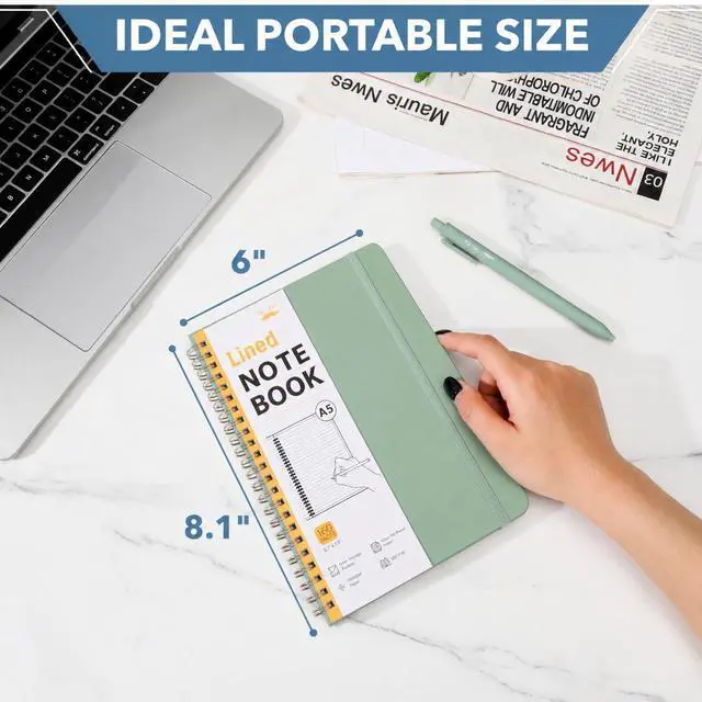 Alt view image 4 of 7 - Lined Spiral Journal Notebook, A5 (5.7"x7.9"), 160 Pages, Green | Hardcover Spiral Bound College Ruled Notebooks with Pen and Index Sticky Tabs for Notes, Journaling, School & Daily Planning