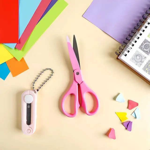 Alt view image 2 of 7 - Pink Folding Scissors Safe Portable Travel Scissors Foldable Telescopic Cutter Pocket Mini Scissor with Keychain for Cutting, Scrapbooking, Crafting, Sewing