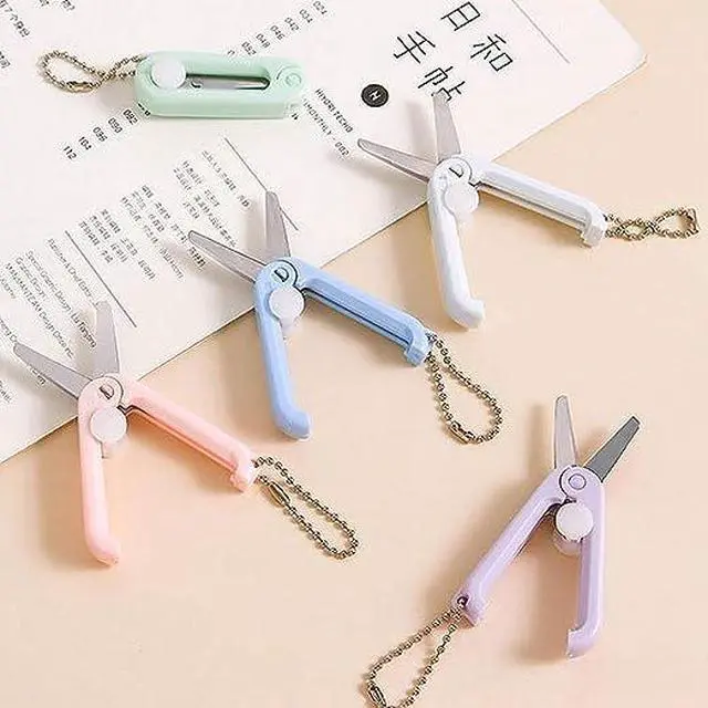 Alt view image 2 of 6 - 2 PCS Pink Folding Scissors Safe Portable Travel Scissors Foldable Telescopic Cutter Pocket Mini Scissor with Keychain for Cutting, Scrapbooking, Crafting, Sewing Office Cutting Tools