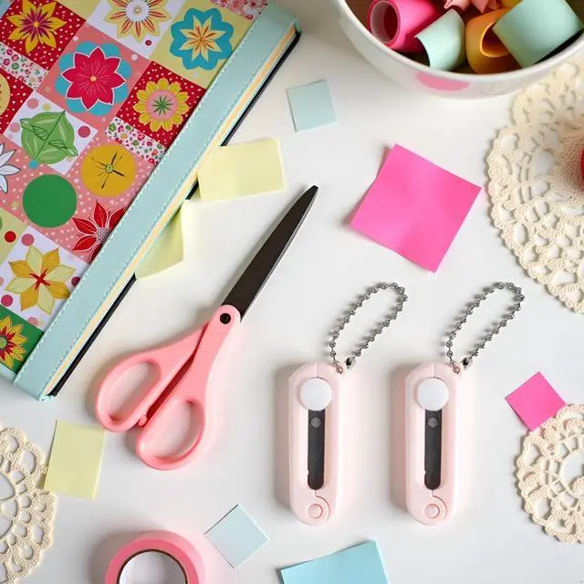 Alt view image 4 of 6 - 2 PCS Pink Folding Scissors Safe Portable Travel Scissors Foldable Telescopic Cutter Pocket Mini Scissor with Keychain for Cutting, Scrapbooking, Crafting, Sewing Office Cutting Tools