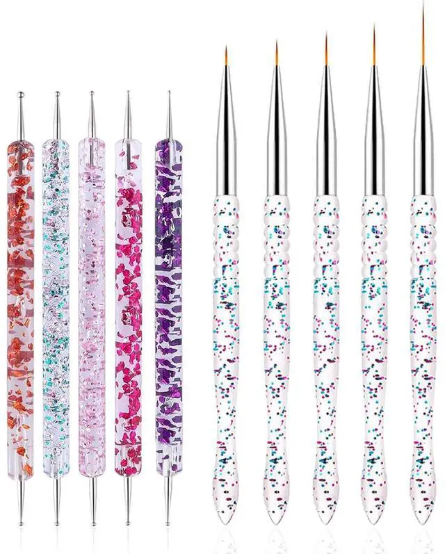 Main image of Nail Dotting Tools 10 Pcs Kit - 5 pcs Double-end Nail Dotting tools and 5 Pcs Nail Art Liner Painting Brushes