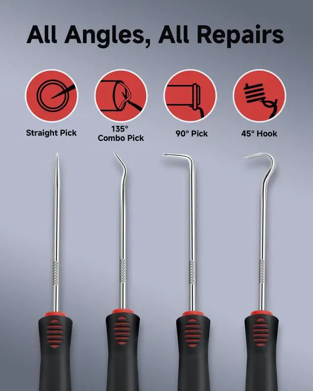 Alt view image 2 of 7 - 4-Piece Pick Set Mechanic, Automotive Hook and Pick Set with Soft Grip & Non-Slip Shaft, Precision Pick Tool & O Ring Pick for Oil Seal, Gasket, Electronics Repair Hose Repair Kits