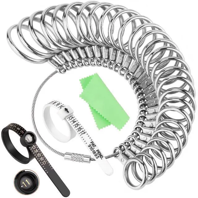 Main image of Ring Sizer Measuring Tool Kit, 27 Steel Gauges 2 Finger Sizers US Size 0-13 | Magnifier, Stainless Steel, Half Sizes, Reusable, Adjustable, Men & Women, Jewelry Making, Polishing Cloth, Storage Box, G
