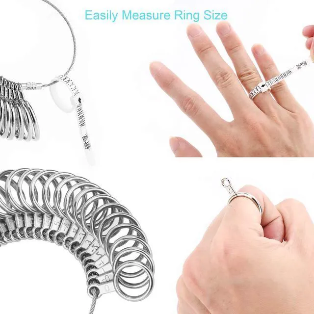Alt view image 2 of 7 - Ring Sizer Measuring Tool Kit, 27 Steel Gauges 2 Finger Sizers US Size 0-13 | Magnifier, Stainless Steel, Half Sizes, Reusable, Adjustable, Men & Women, Jewelry Making, Polishing Cloth, Storage Box, G