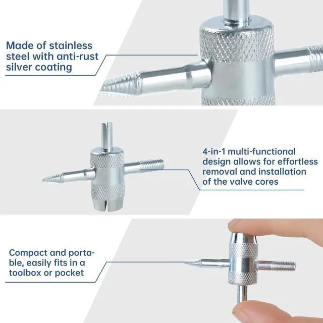Alt view image 4 of 7 - 4 Pcs 4-Way Valve Core Removal Tool Stainless Steel Tire Valve Stem Tools 4-in-1 Valve Stem Removal Tool Valve Stem Puller for Bicycle Motorcycle Car