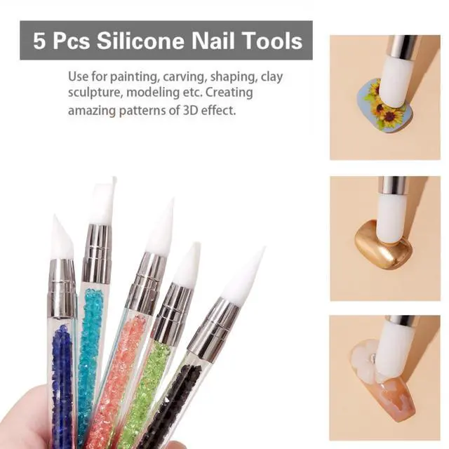 Alt view image 5 of 7 - 5 Pcs Silicone Nail Tools Dual Tipped Nail Art Sculpture Pen Rhinestone Nail Polish Carving Pen Rubber Tip Nail Brushes