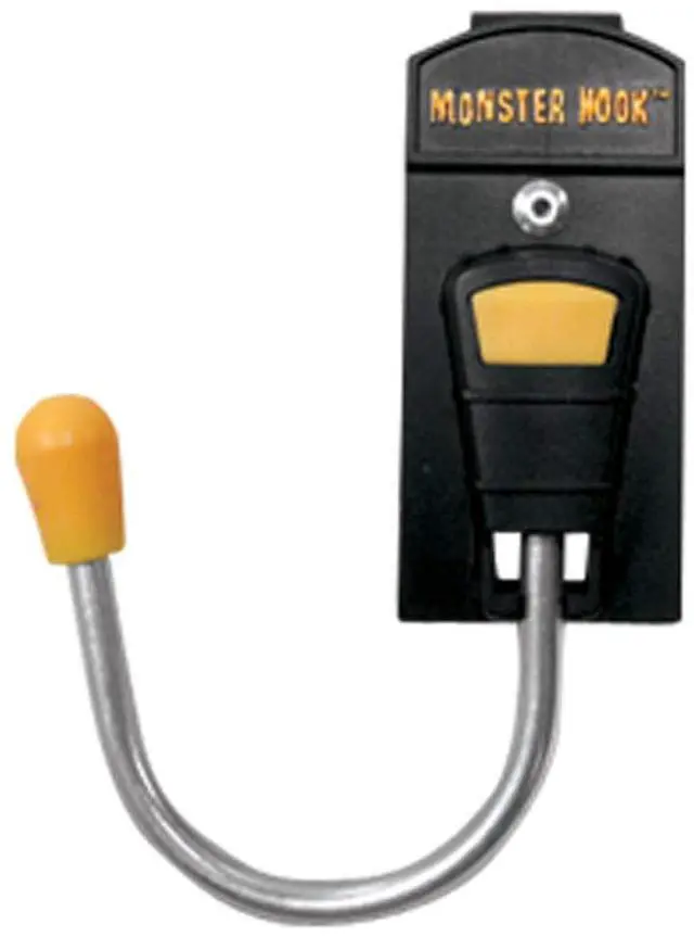 Main image of Monster Hook, 1 Pack, Black and Yellow | Metal clip, 180° rotating hook for drills, nail guns, saws, and garden tools, Designed for left hand or right hand use