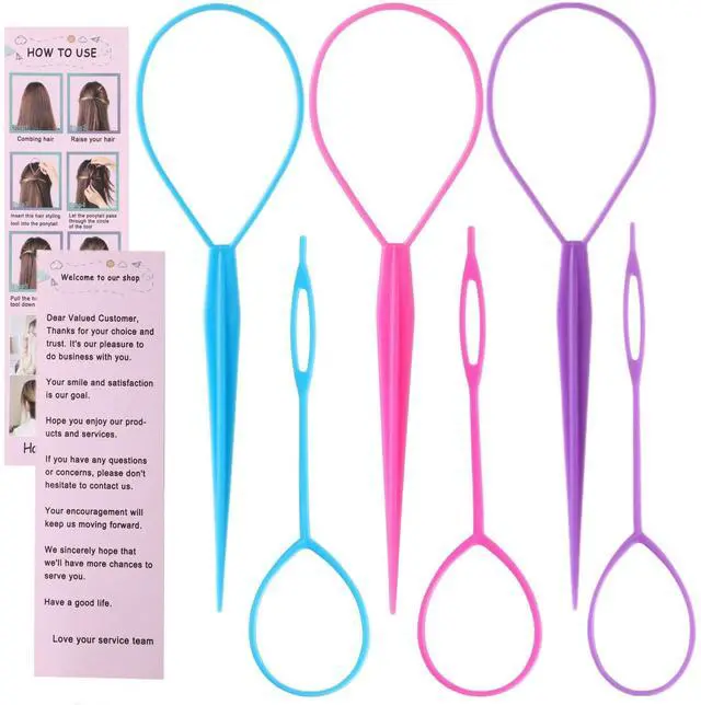 Main image of Topsy Tail Hair Tool Set - 6pcs Loop Styling Tool, Ponytail Pull Through, Two Sizes, 3 Colors (Pink/Purple/Blue) for Women, Girls & Kids