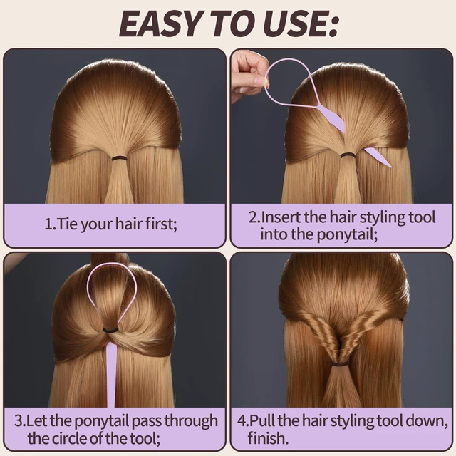 Alt view image 4 of 7 - 4pcs Pony Tail Hair Tools: 2 Pairs Pony Styling Loop, Pull Through & French Braiding Accessories for Women & Girls - Light Purple/White